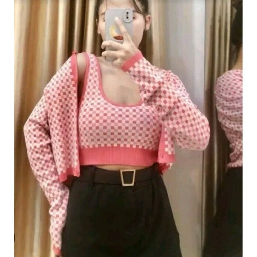 ZARA Cardigan Sweater L Coral Pink Gingham Crop Button Up Long Sleeve 43…